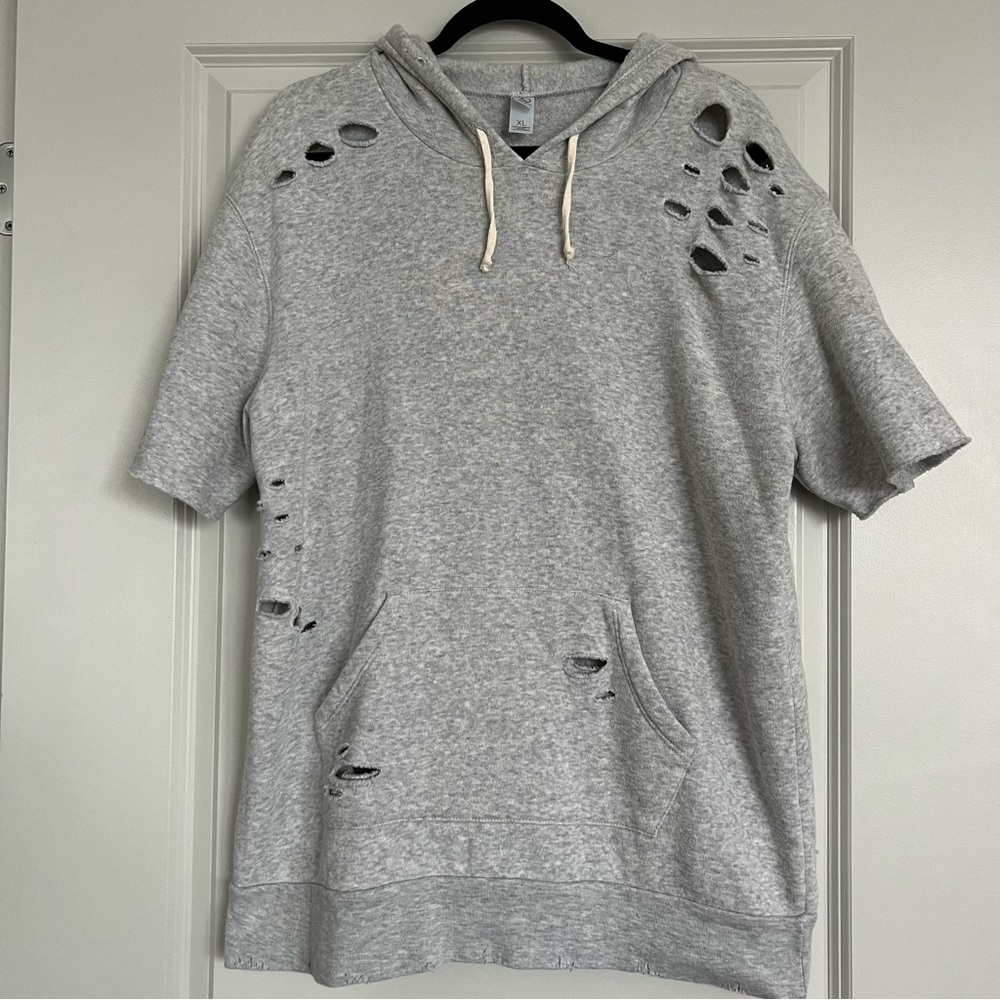 Alternative Men’s Gray Short Sleeve Distressed Sweatshirt Hoodie | Size XL